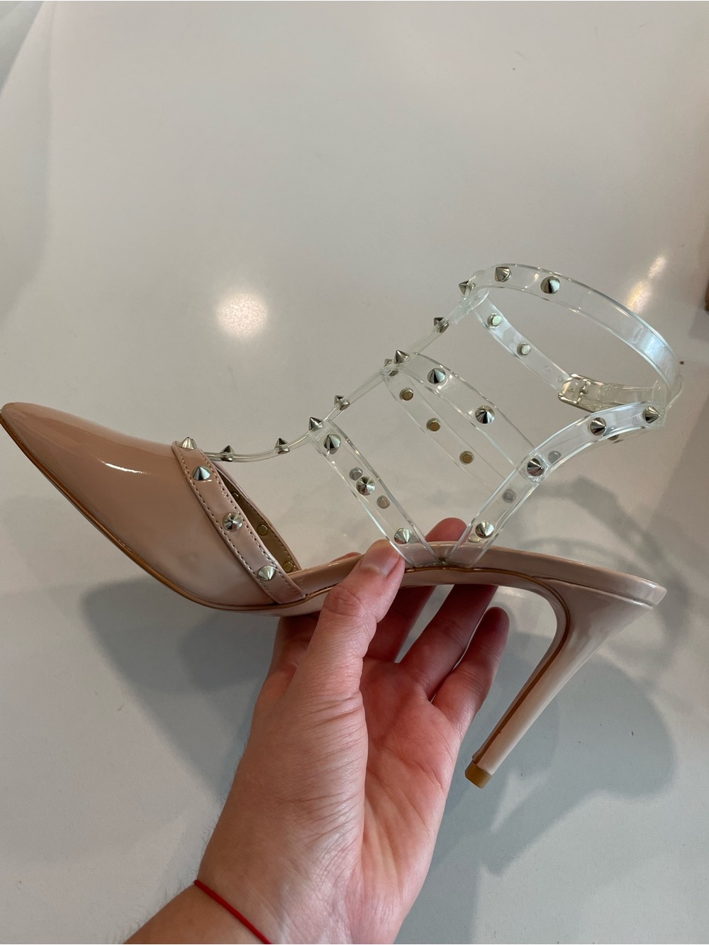 Mix No. 6 Nude Patent Pointed Stiletto with Clear Studded Straps